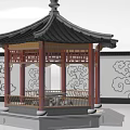 Traditional Chinese Pavilion with Black Tiled Roof Red Pillars and White Cloud Pattern Walls