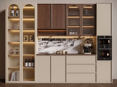Elegant Modern Wine Cabinet With Wooden Glass Doors Lighting And Marble Countertop 3d model
