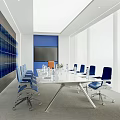 Modern Conference Room With White Meeting Table Blue Office Chairs Large Screen TV And Blinds
