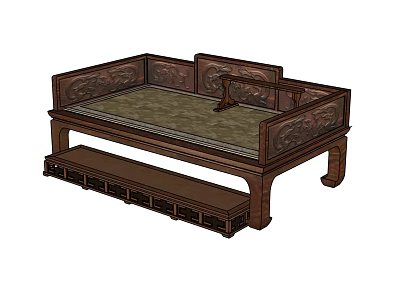 Classic Traditional Arhat Bed With Intricate Carvings Wooden Frame And Footstool 3d model
