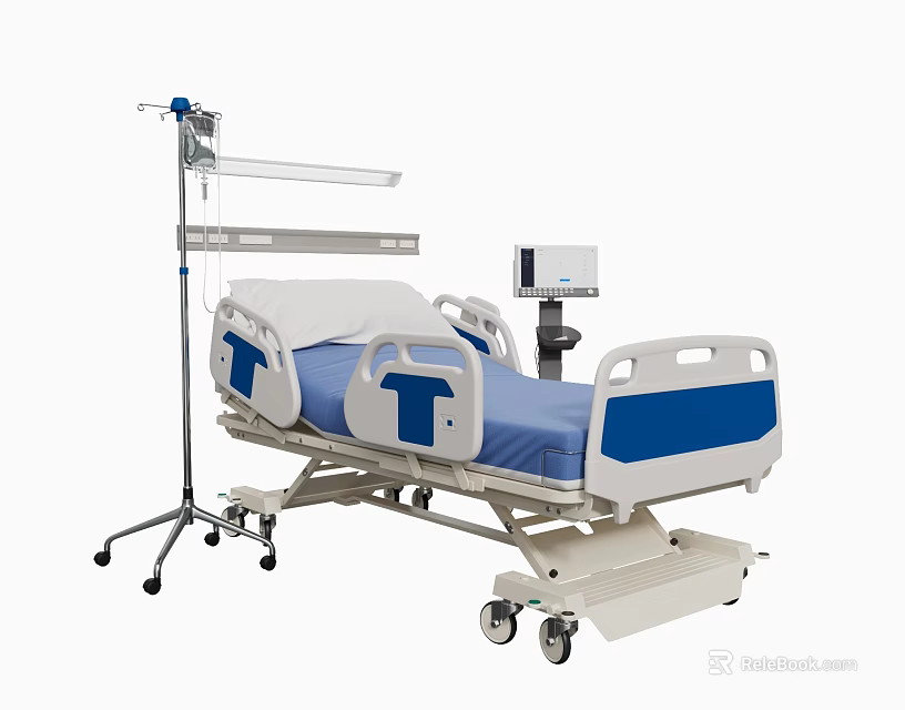 Adjustable Medical Bed With IV Pole Control Panel And Wheels For Hospital Use 3d model 