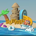 Summer Beach Scene With Sand Castle Palm Tree Slide And Octopus Toy
