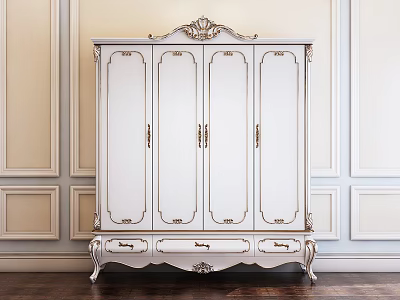 Classic White Wardrobe with Golden Carvings Bottom Drawers and Paneled Walls on Dark Wooden Floor 3d model