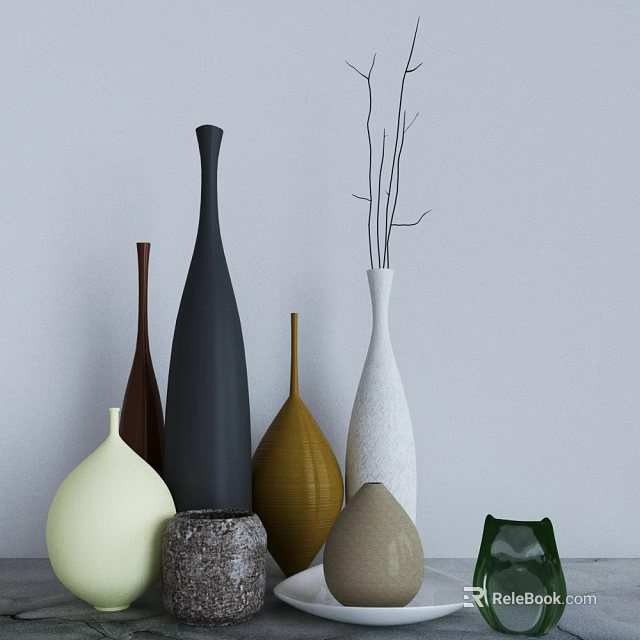 Colorful Decorative Ornament Set With Various Shaped Vases And Small Green Decor 3d model 