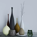 Colorful Decorative Ornament Set With Various Shaped Vases And Small Green Decor