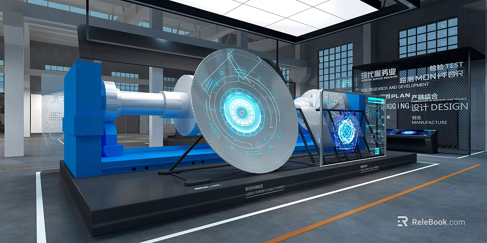 Smart Industry Exhibition Showcasing Large Turbine Rotor With Blue Digital Interface 3d model