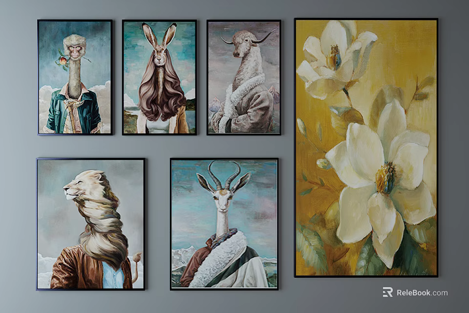 Anthropomorphic Animal Portraits And Magnolia Painting As Wall Decorative Art 3d model 