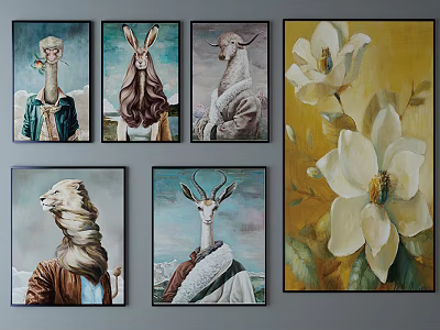 Anthropomorphic Animal Portraits And Magnolia Painting As Wall Decorative Art 3d model