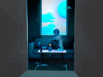Cozy Indoor Scene With Sofa Person Table Cup Plant And Blue Lighting Window Clouds Moon 3d model