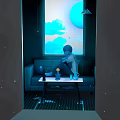 Cozy Indoor Scene With Sofa Person Table Cup Plant And Blue Lighting Window Clouds Moon