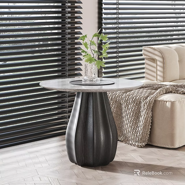 Elegant Round Coffee Table With Black Pedestal Marble Top And Green Plant In Living Room 3d model 