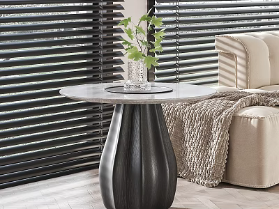 Elegant Round Coffee Table With Black Pedestal Marble Top And Green Plant In Living Room 3d model