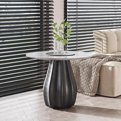 Elegant Round Coffee Table With Black Pedestal Marble Top And Green Plant In Living Room 3d model