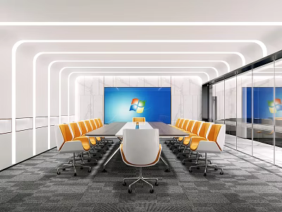 Modern Conference Room Interior With Long Table Orange Chairs Large Screen And Glass Partitions 3d model