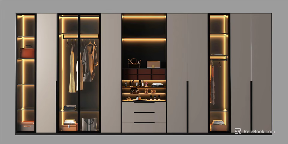 Modern Wardrobe Design With Glass Doors Interior Lighting Hanging Clothes And Storage Drawers 3d model 