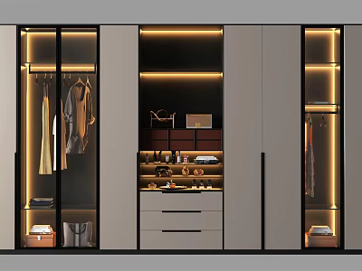 Modern Wardrobe Design With Glass Doors Interior Lighting Hanging Clothes And Storage Drawers 3d model