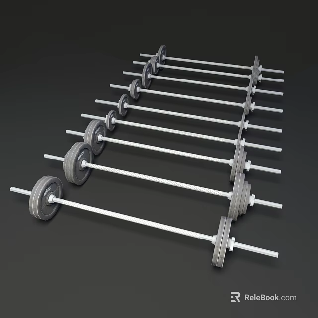 Multiple Gym Barbells With Weight Plates Neatly Arranged For Fitness Training Equipment 3d model 