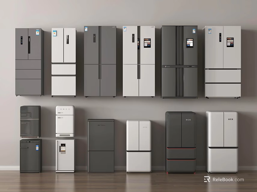 Various Modern Refrigerators and Freezers Displayed with Different Designs in Stylish Room 3d model 