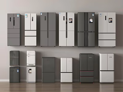 Various Modern Refrigerators and Freezers Displayed with Different Designs in Stylish Room 3d model