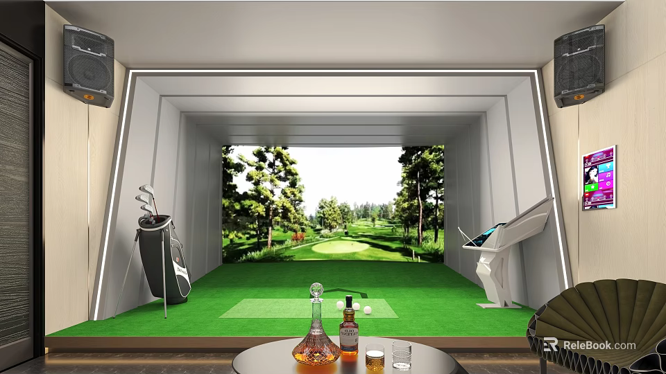 Indoor Golf Training Setup With Simulator Screen And Green Turf Area 3d model 
