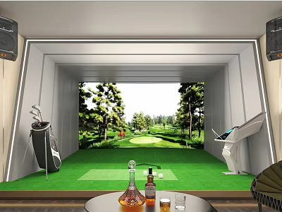 Indoor Golf Training Setup With Simulator Screen And Green Turf Area 3d model