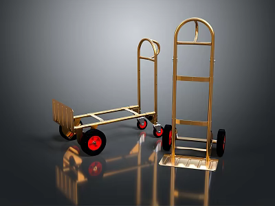 Golden Hand Trucks With Red Wheels On Shiny Black Reflective Surface 3d model