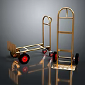 Golden Hand Trucks With Red Wheels On Shiny Black Reflective Surface