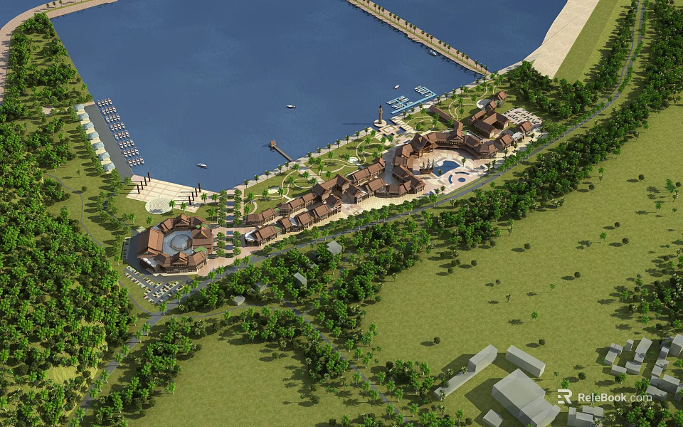 Aerial View Planning of Lakeside Development With Buildings Green Areas and Piers 3d model 