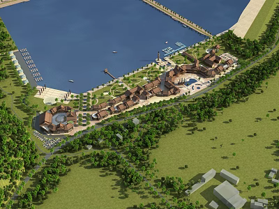 Aerial View Planning of Lakeside Development With Buildings Green Areas and Piers 3d model