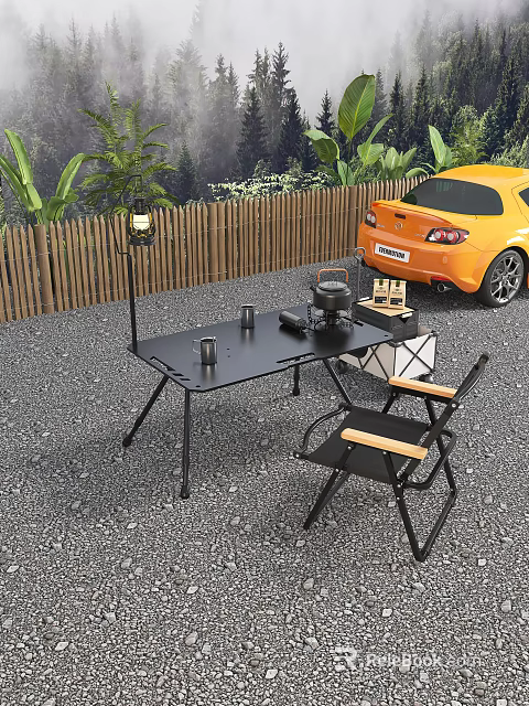 Foldable Outdoor Camping Table with Chairs Lamp and Green Plants Near Orange Car 3d model 