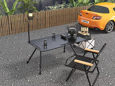 Foldable Outdoor Camping Table with Chairs Lamp and Green Plants Near Orange Car 3d model