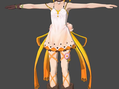 Game Movie Character White Dress With Orange Ribbons Leg Straps Brown Boots Ankle Flower 3d model