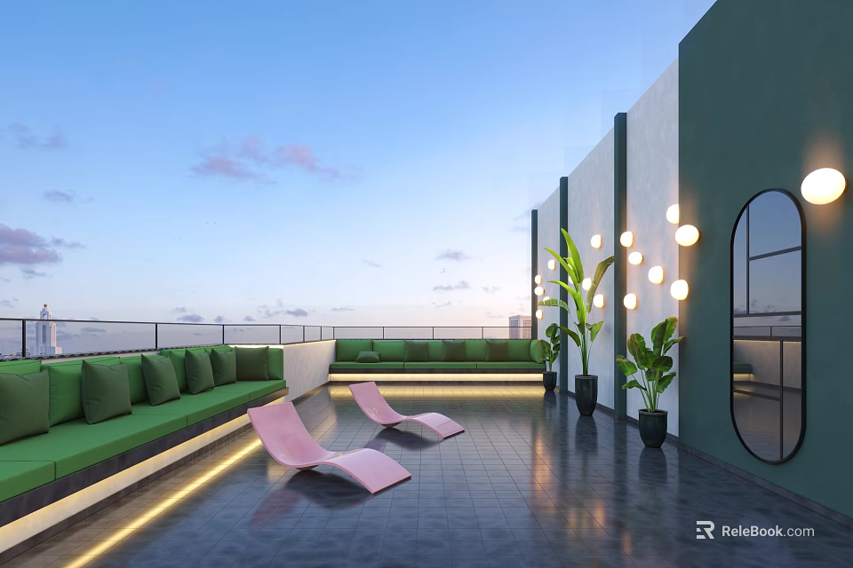 Rooftop Bar Modern Design With Green Sofas Pink Lounge Chairs Plants And Round Lights 3d model 