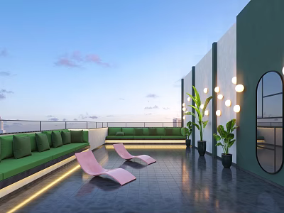 Rooftop Bar Modern Design With Green Sofas Pink Lounge Chairs Plants And Round Lights 3d model