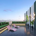 Rooftop Bar Modern Design With Green Sofas Pink Lounge Chairs Plants And Round Lights