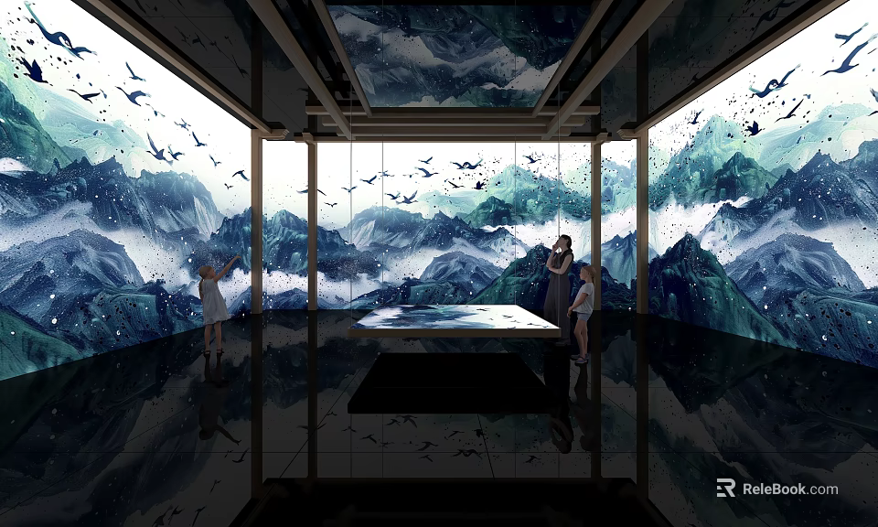Immersive Art Space With Mountain Water Murals Flying Birds Central Long Table And Visitors 3d model 