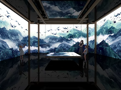 Immersive Art Space With Mountain Water Murals Flying Birds Central Long Table And Visitors 3d model