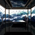 Immersive Art Space With Mountain Water Murals Flying Birds Central Long Table And Visitors