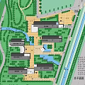 Aerial View Planning of Modern Building Complex with Waterbody Green Spaces and Trees Along Roads