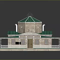 Traditional Building Featuring Green Dome Roof Wooden Structure and White Railings