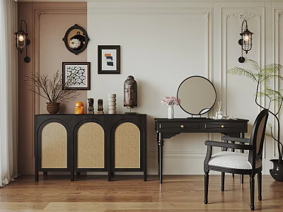 Elegant Dressing Table With Round Mirror Framed Artworks Wall Lamps And Wooden Floor 3d model