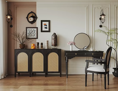 Elegant Dressing Table With Round Mirror Framed Artworks Wall Lamps And Wooden Floor 3d model