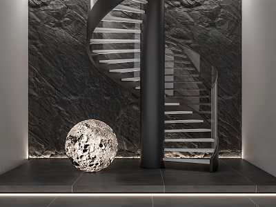 Sleek Modern Spiral Staircase Interior With Dark Stone Wall Black Tiled Floor And Spherical Decor 3d model