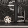 Sleek Modern Spiral Staircase Interior With Dark Stone Wall Black Tiled Floor And Spherical Decor