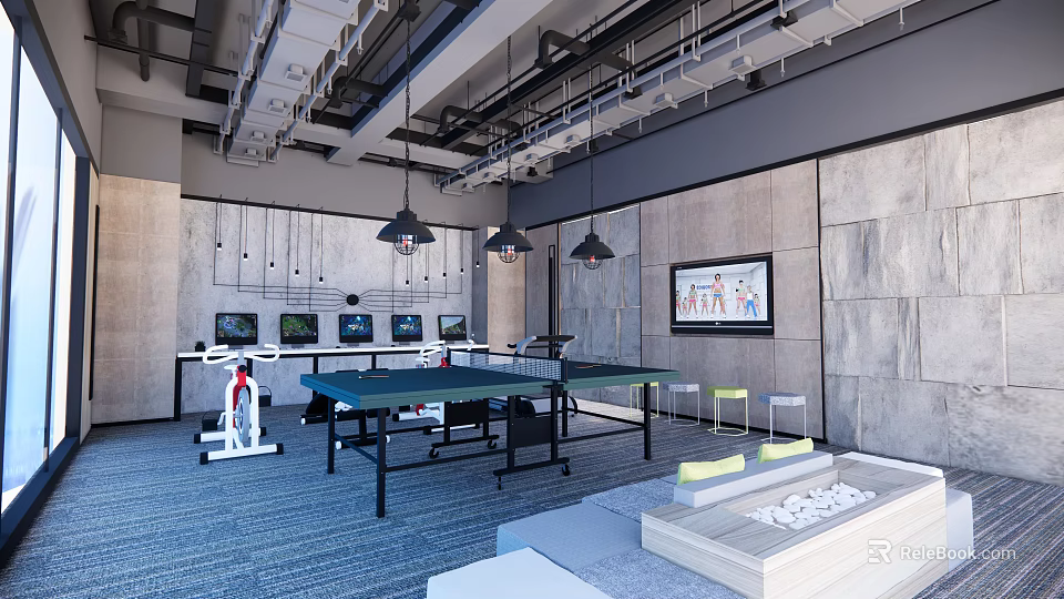 Modern Industrial Entertainment Room With Ping Pong Table Multiple TVs Gray Walls And Blue Carpet 3d model 