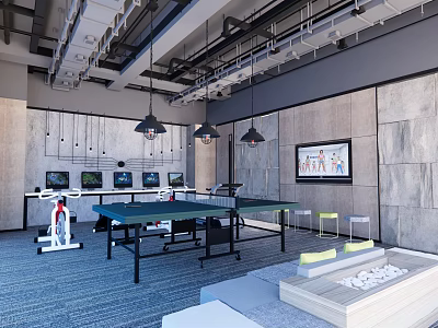 Modern Industrial Entertainment Room With Ping Pong Table Multiple TVs Gray Walls And Blue Carpet 3d model
