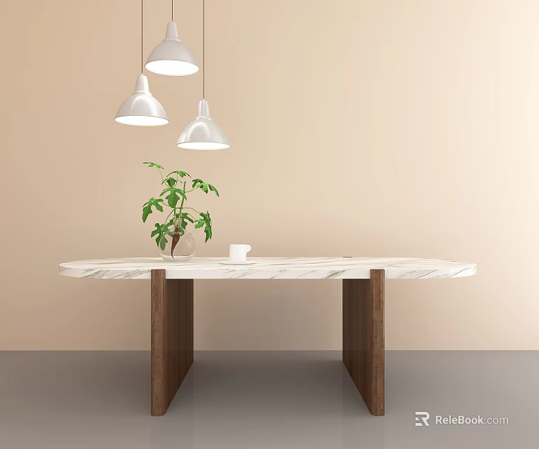 Marble Top Dining Table With Wooden Legs White Pendant Lights And Green Plant Decoration 3d model 