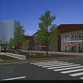 Vibrant Commercial Street With Modern Glass Buildings Trees Pedestrians And Night Lighting