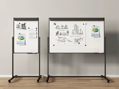 Public Facility Easel Whiteboard Stand With Hand Drawn Buildings Trees Sketches And Clip Papers 3d model