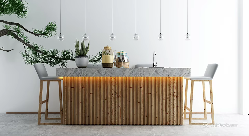 Wooden Bar Counter With Slatted Base Marble Top Hanging Lights Potted Plants And Bar Stools 3d model 